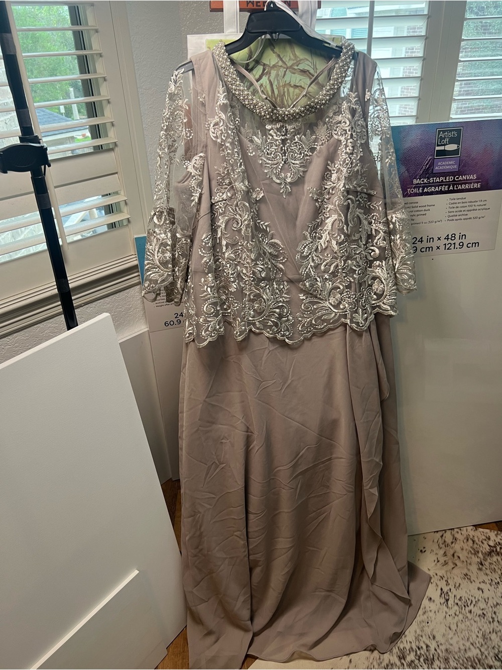 Beaded Lace-Overlay Long Sleeve Evening Dress in Taupe